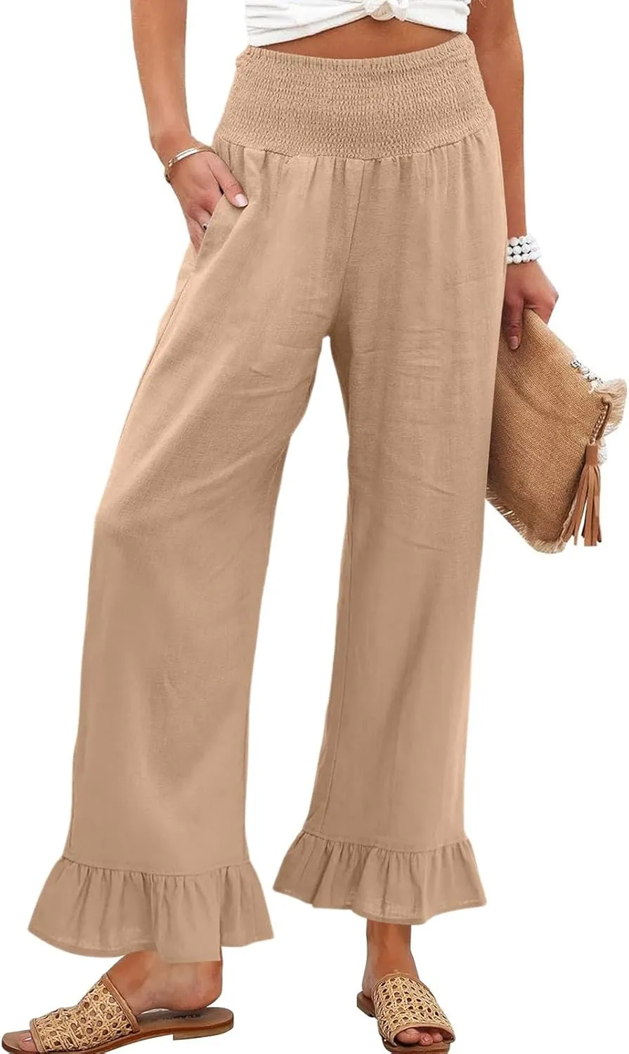 Wide Leg Linen Pants for Women Smocked High Waisted Ruffle Palazzo Pants with Pockets Cropped Flowy Boho Beach Pant