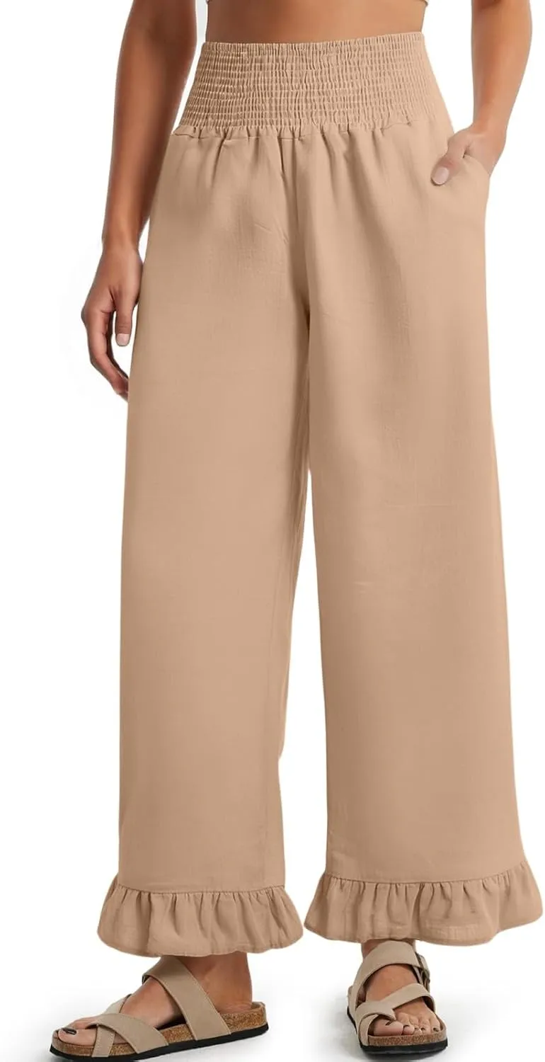 Wide Leg Linen Pants for Women Smocked High Waisted Ruffle Palazzo Pants with Pockets Cropped Flowy Boho Beach Pant