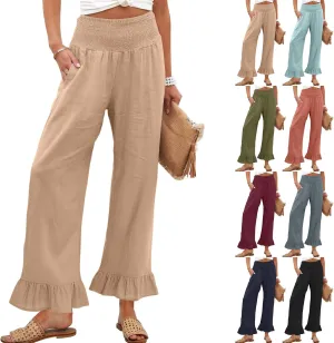 Wide Leg Linen Pants for Women Smocked High Waisted Ruffle Palazzo Pants with Pockets Cropped Flowy Boho Beach Pant