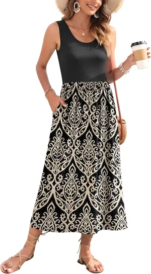 WNEEDU Women's Summer Maxi Dress 2025 Casual Sleeveless Hawaiian Sundress Tropical Long Dress Beach Vacation Outfit