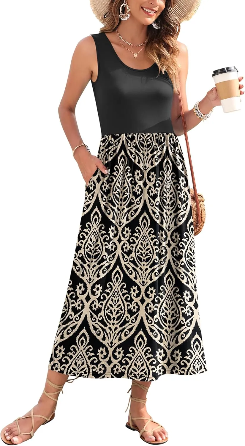WNEEDU Women's Summer Maxi Dress 2025 Casual Sleeveless Hawaiian Sundress Tropical Long Dress Beach Vacation Outfit