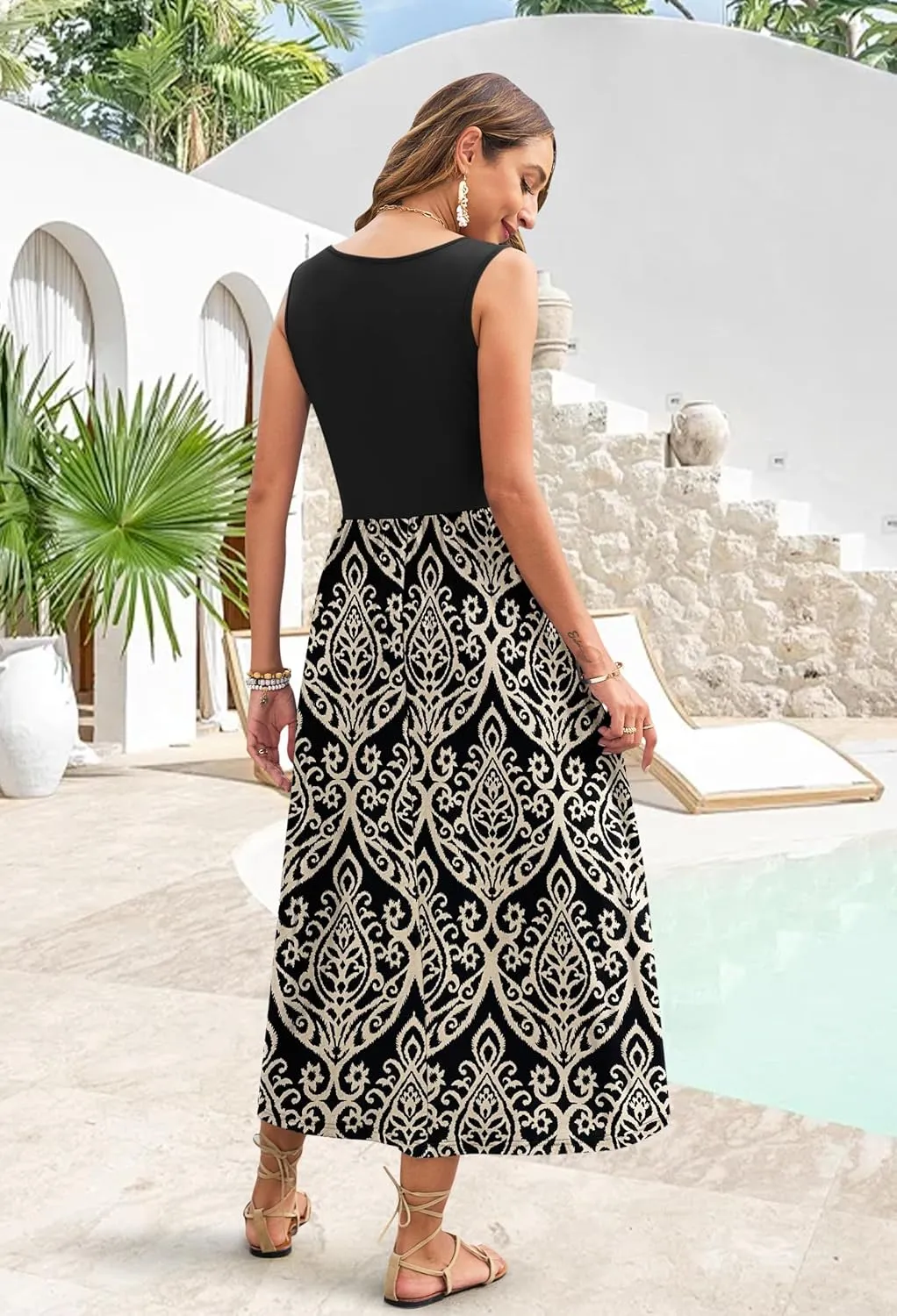 WNEEDU Women's Summer Maxi Dress 2025 Casual Sleeveless Hawaiian Sundress Tropical Long Dress Beach Vacation Outfit