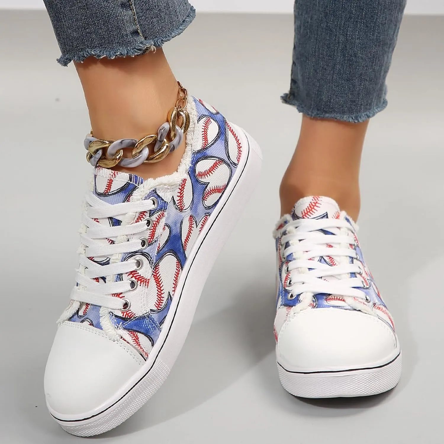Women Baseball Print Shoes Canvas Sneakers Trendy Casual Walking Shoes