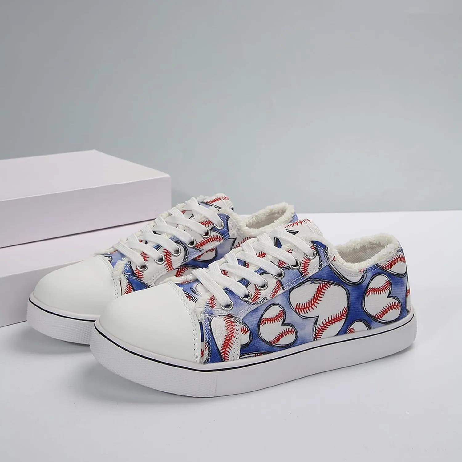 Women Baseball Print Shoes Canvas Sneakers Trendy Casual Walking Shoes