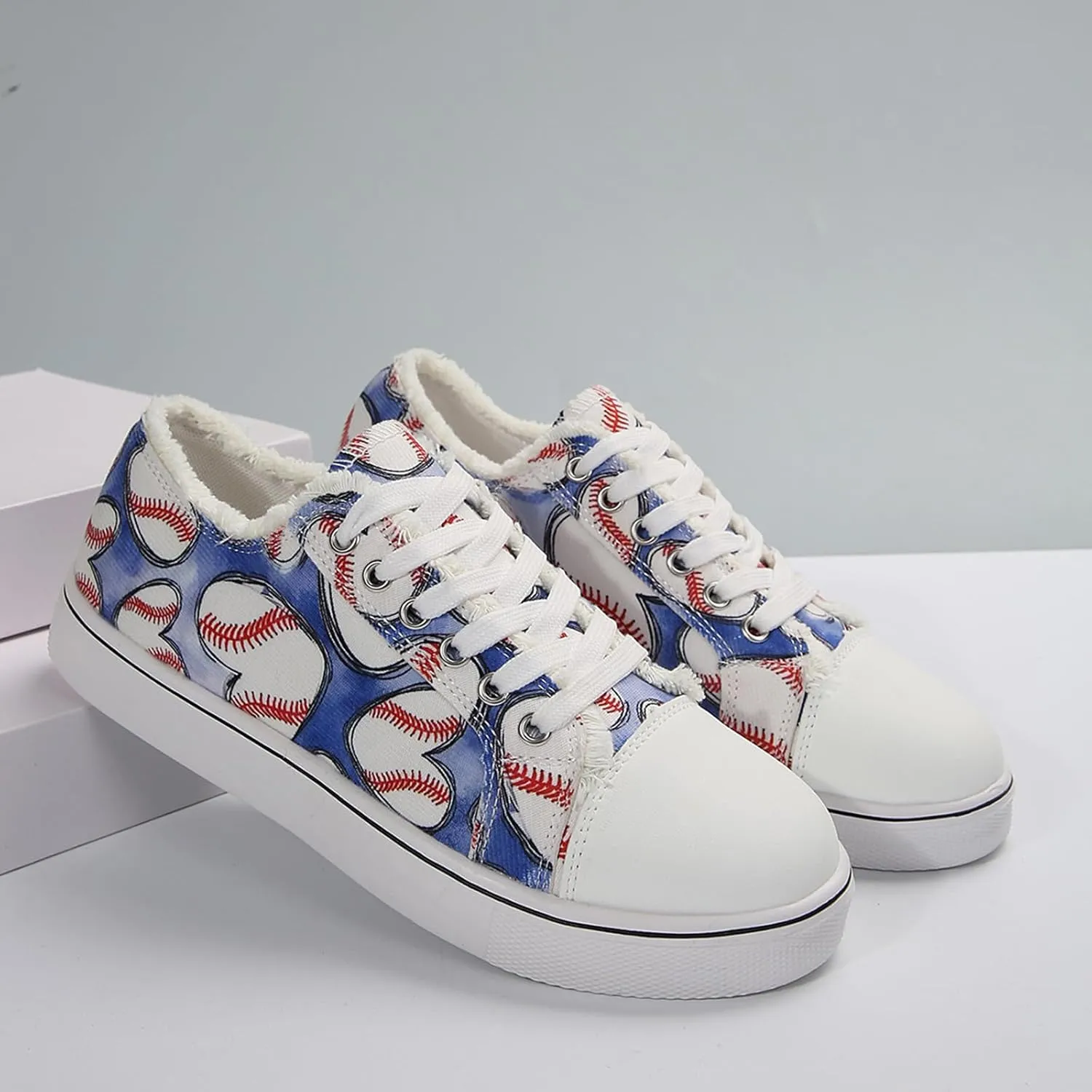 Women Baseball Print Shoes Canvas Sneakers Trendy Casual Walking Shoes