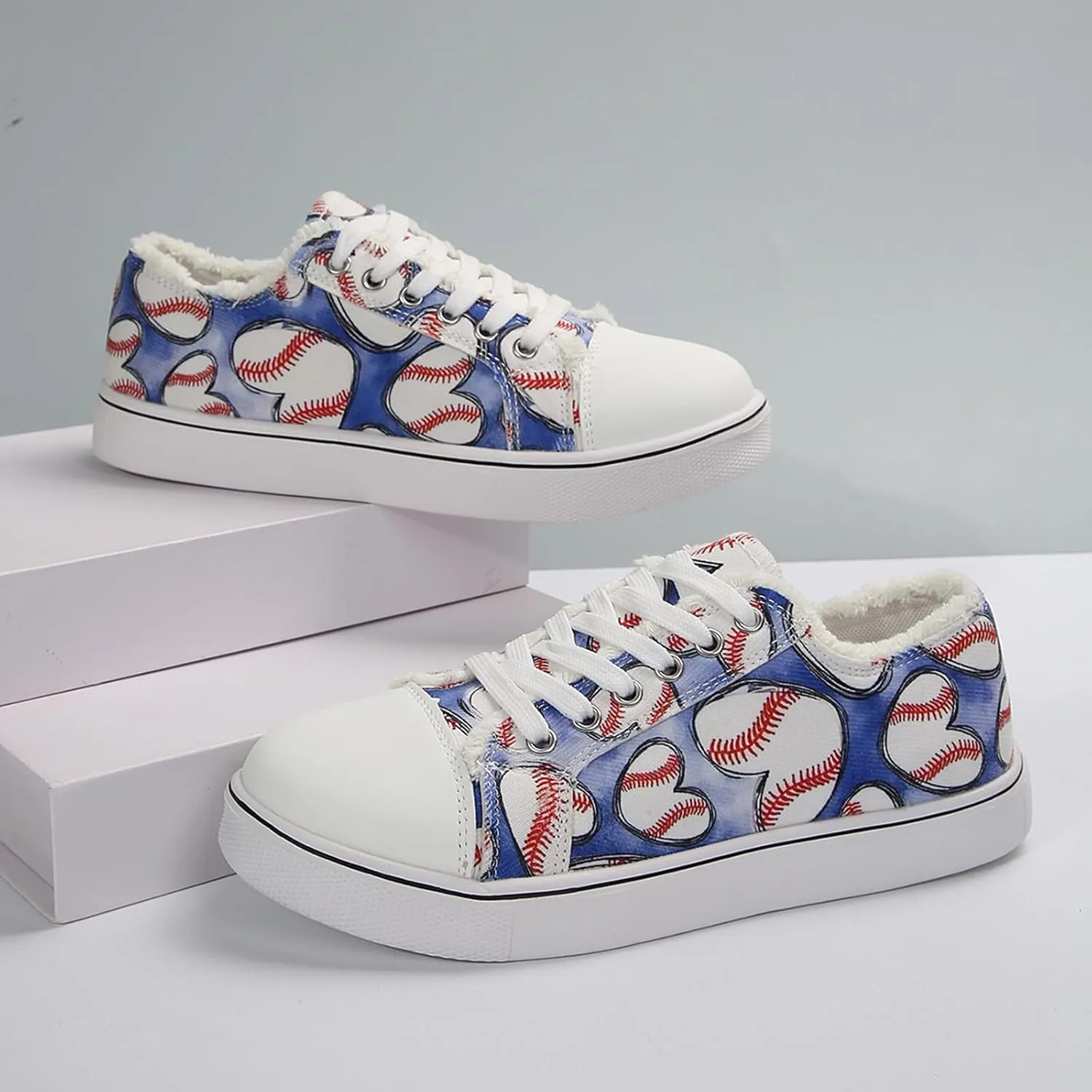 Women Baseball Print Shoes Canvas Sneakers Trendy Casual Walking Shoes