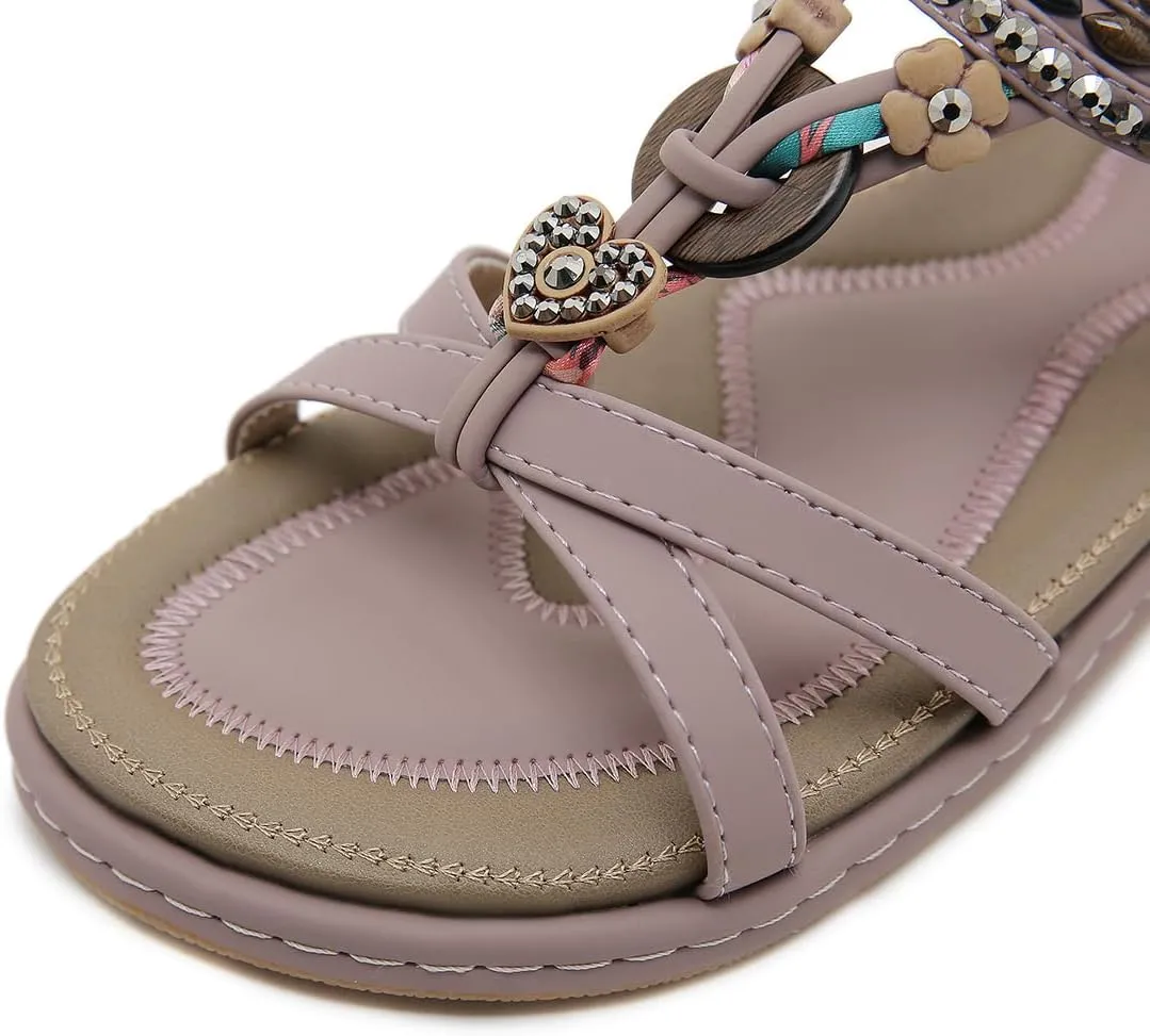 Women Bohemia Beaded Open Toe Flat Sandals Summer Comfortable Beach Sandal Shoes