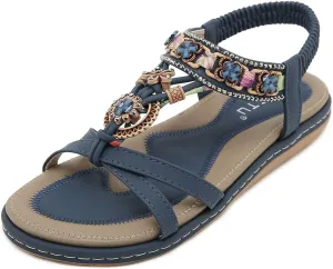 Women Bohemia Beaded Open Toe Flat Sandals Summer Comfortable Beach Sandal Shoes