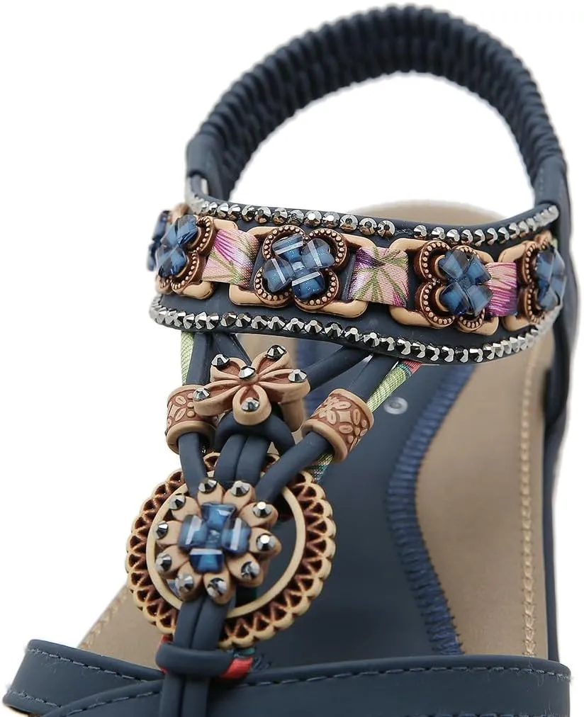 Women Bohemia Beaded Open Toe Flat Sandals Summer Comfortable Beach Sandal Shoes