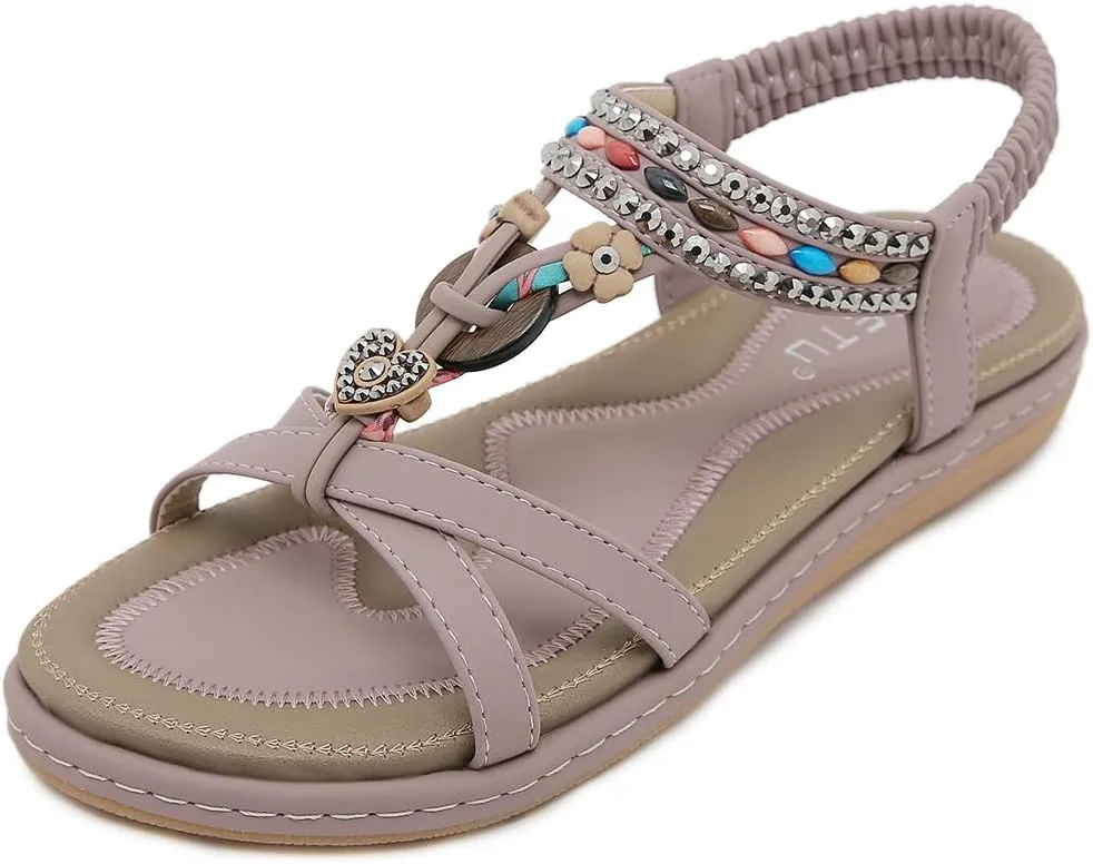Women Bohemia Beaded Open Toe Flat Sandals Summer Comfortable Beach Sandal Shoes