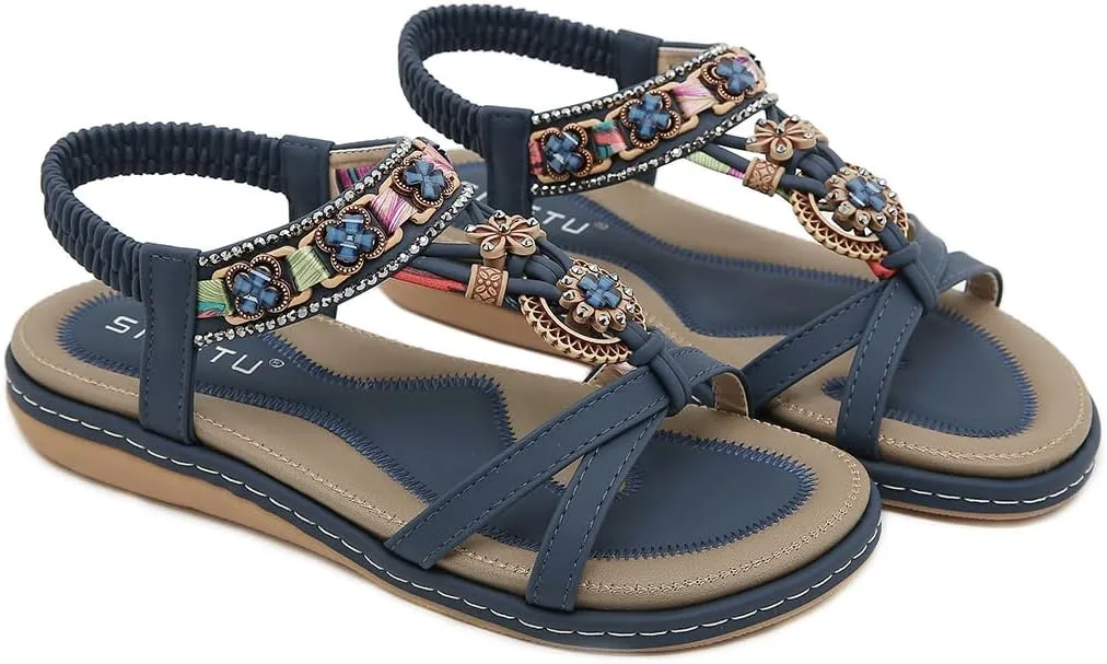 Women Bohemia Beaded Open Toe Flat Sandals Summer Comfortable Beach Sandal Shoes