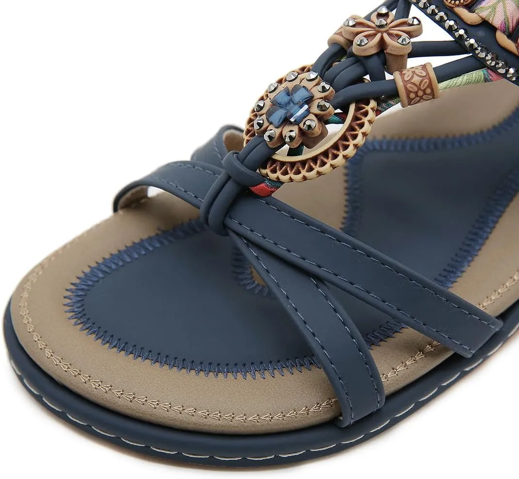 Women Bohemia Beaded Open Toe Flat Sandals Summer Comfortable Beach Sandal Shoes
