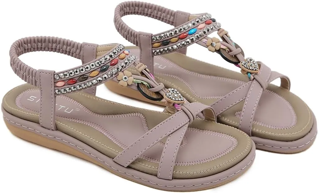 Women Bohemia Beaded Open Toe Flat Sandals Summer Comfortable Beach Sandal Shoes
