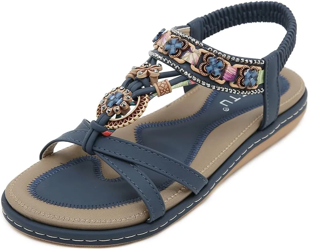 Women Bohemia Beaded Open Toe Flat Sandals Summer Comfortable Beach Sandal Shoes