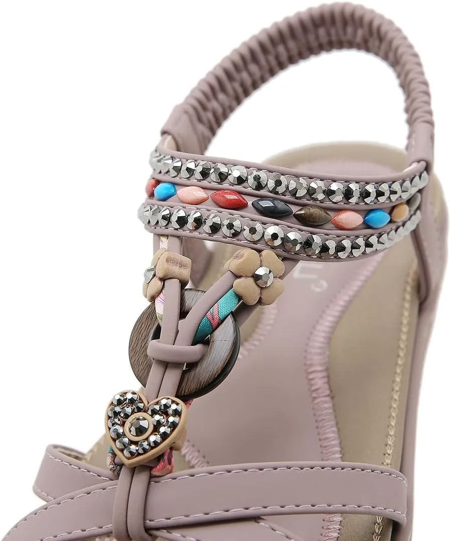 Women Bohemia Beaded Open Toe Flat Sandals Summer Comfortable Beach Sandal Shoes