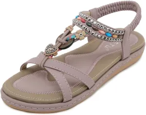 Women Bohemia Beaded Open Toe Flat Sandals Summer Comfortable Beach Sandal Shoes