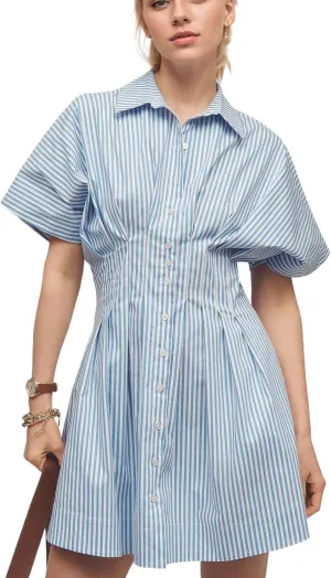 Women Button Down Pleated Shirt Dress Striped Short Sleeve Summer Casual Business Flowy Mini Short Dress