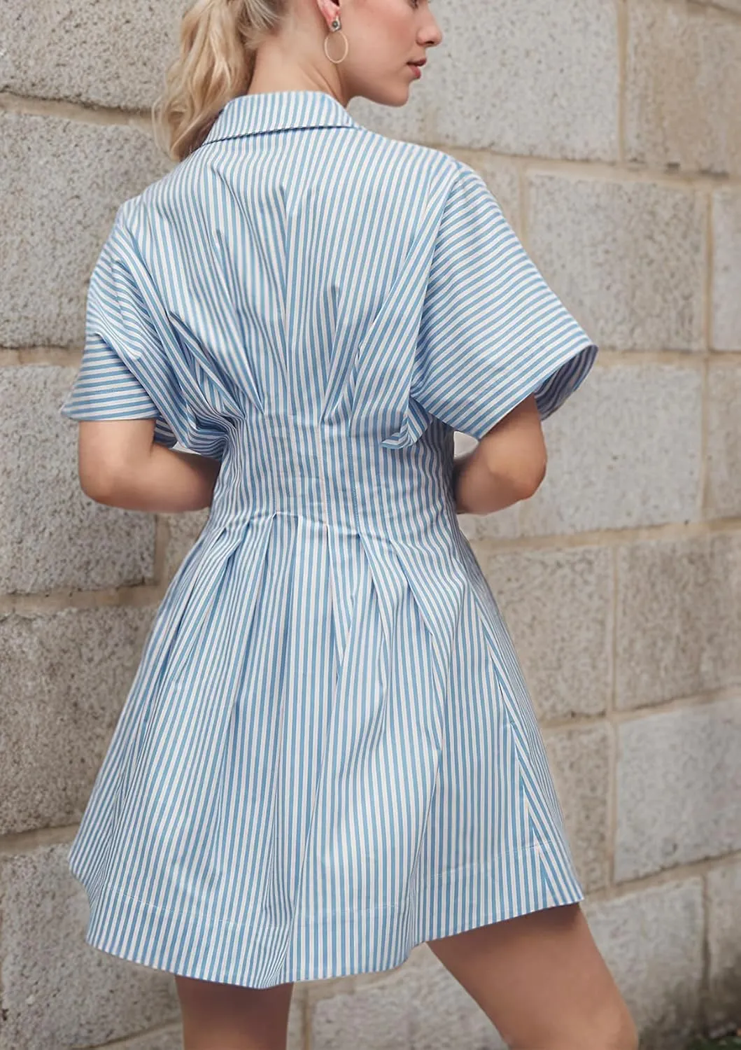 Women Button Down Pleated Shirt Dress Striped Short Sleeve Summer Casual Business Flowy Mini Short Dress