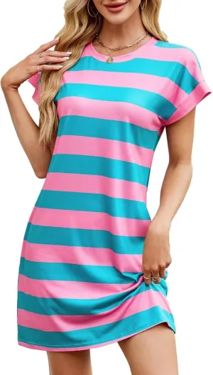 Women Fashion Striped Short Sleeve Dresses Coverup Wedding Guest Dresses Slim Loose Casual A-Line Dress