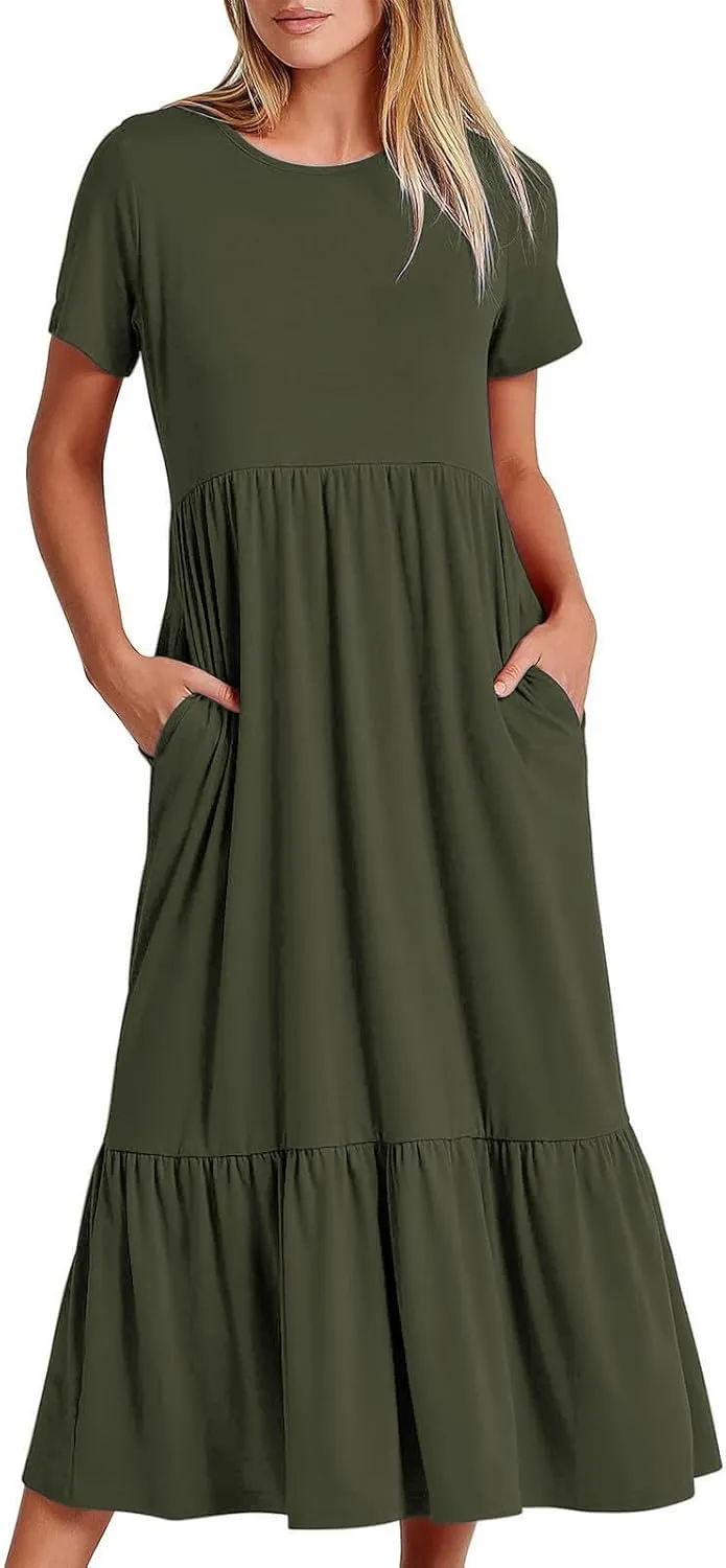 Women Fashion Tiered Dress Trendy 2025 Solid Color Swing Pleated Home Dress Casual Loose Fit Flowy Dresses