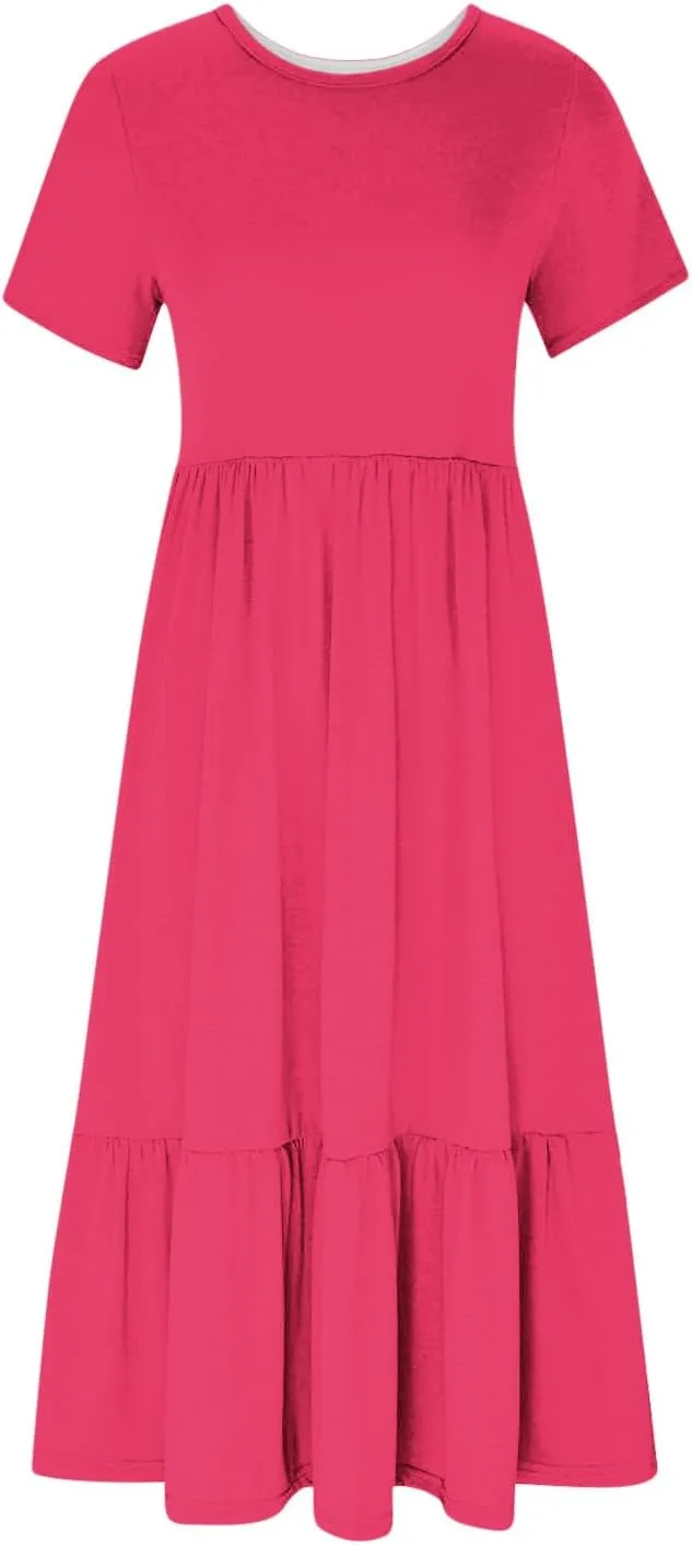 Women Fashion Tiered Dress Trendy 2025 Solid Color Swing Pleated Home Dress Casual Loose Fit Flowy Dresses
