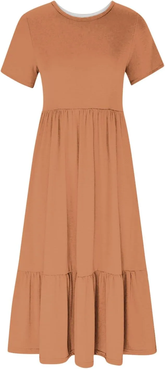 Women Fashion Tiered Dress Trendy 2025 Solid Color Swing Pleated Home Dress Casual Loose Fit Flowy Dresses