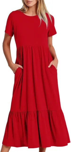 Women Fashion Tiered Dress Trendy 2025 Solid Color Swing Pleated Home Dress Casual Loose Fit Flowy Dresses