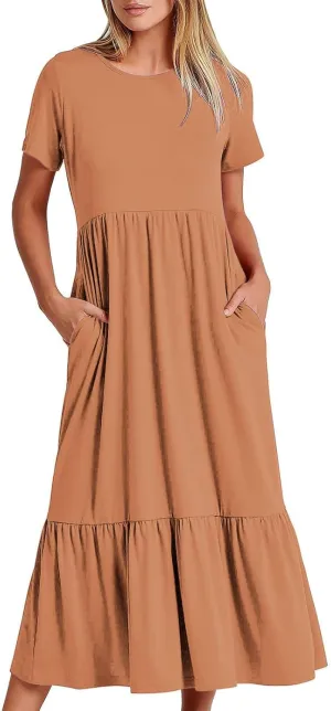 Women Fashion Tiered Dress Trendy 2025 Solid Color Swing Pleated Home Dress Casual Loose Fit Flowy Dresses