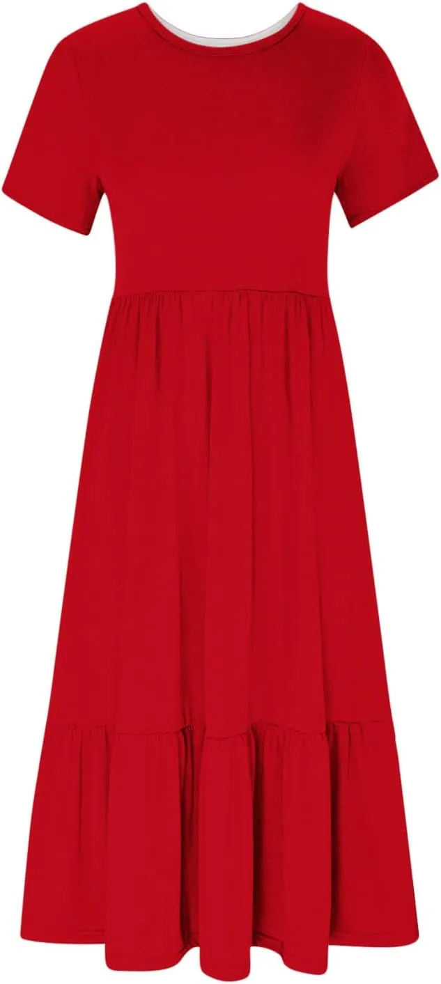 Women Fashion Tiered Dress Trendy 2025 Solid Color Swing Pleated Home Dress Casual Loose Fit Flowy Dresses