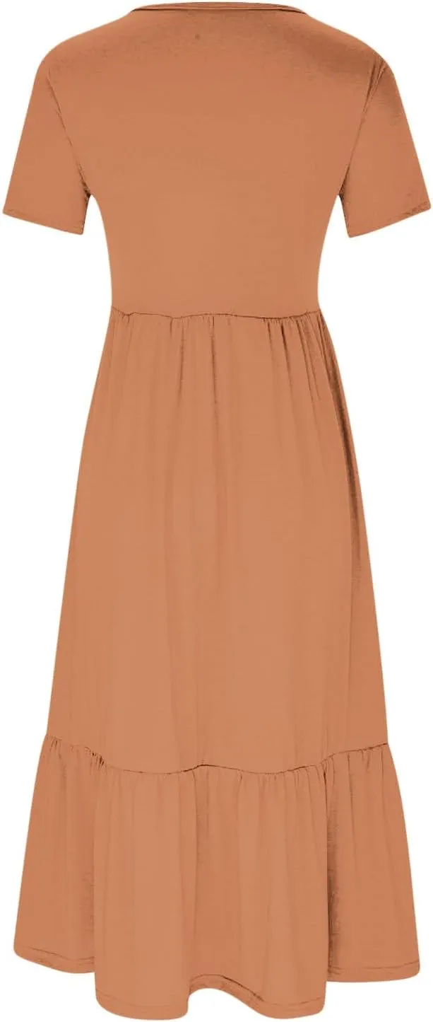 Women Fashion Tiered Dress Trendy 2025 Solid Color Swing Pleated Home Dress Casual Loose Fit Flowy Dresses