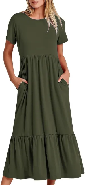 Women Fashion Tiered Dress Trendy 2025 Solid Color Swing Pleated Home Dress Casual Loose Fit Flowy Dresses