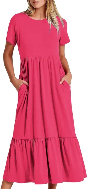 Women Fashion Tiered Dress Trendy 2025 Solid Color Swing Pleated Home Dress Casual Loose Fit Flowy Dresses