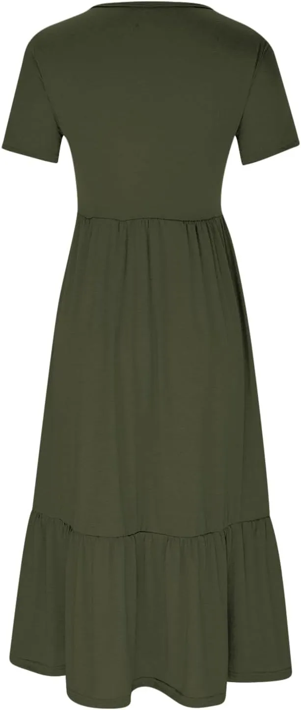 Women Fashion Tiered Dress Trendy 2025 Solid Color Swing Pleated Home Dress Casual Loose Fit Flowy Dresses