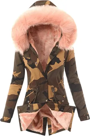 Women Faux Fur Lining Jackets Middle Length Warm Camo Thick Hooded Overcoat Fleece Lined Trench Coat Parkas Outwear