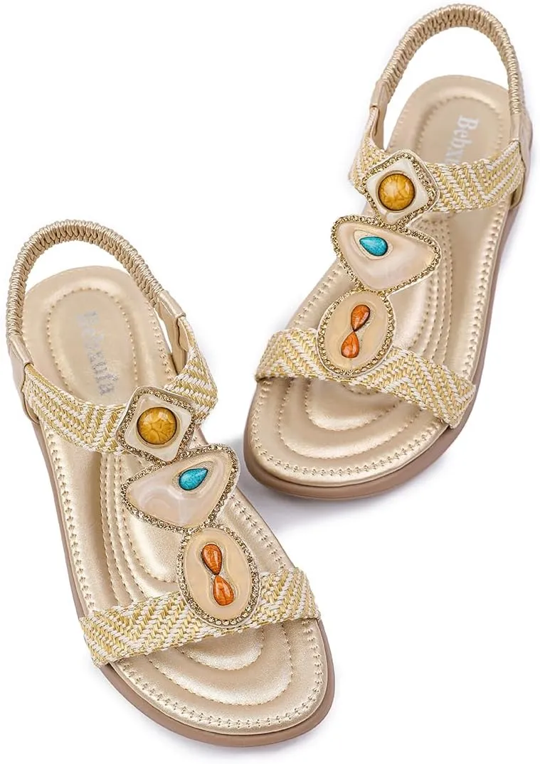 Women Flat Sandals wide-fit Arch Support Boho Braided Sandals Comfort Walking Beach Ankle Elastic Summer Shoes