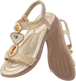 Women Flat Sandals wide-fit Arch Support Boho Braided Sandals Comfort Walking Beach Ankle Elastic Summer Shoes