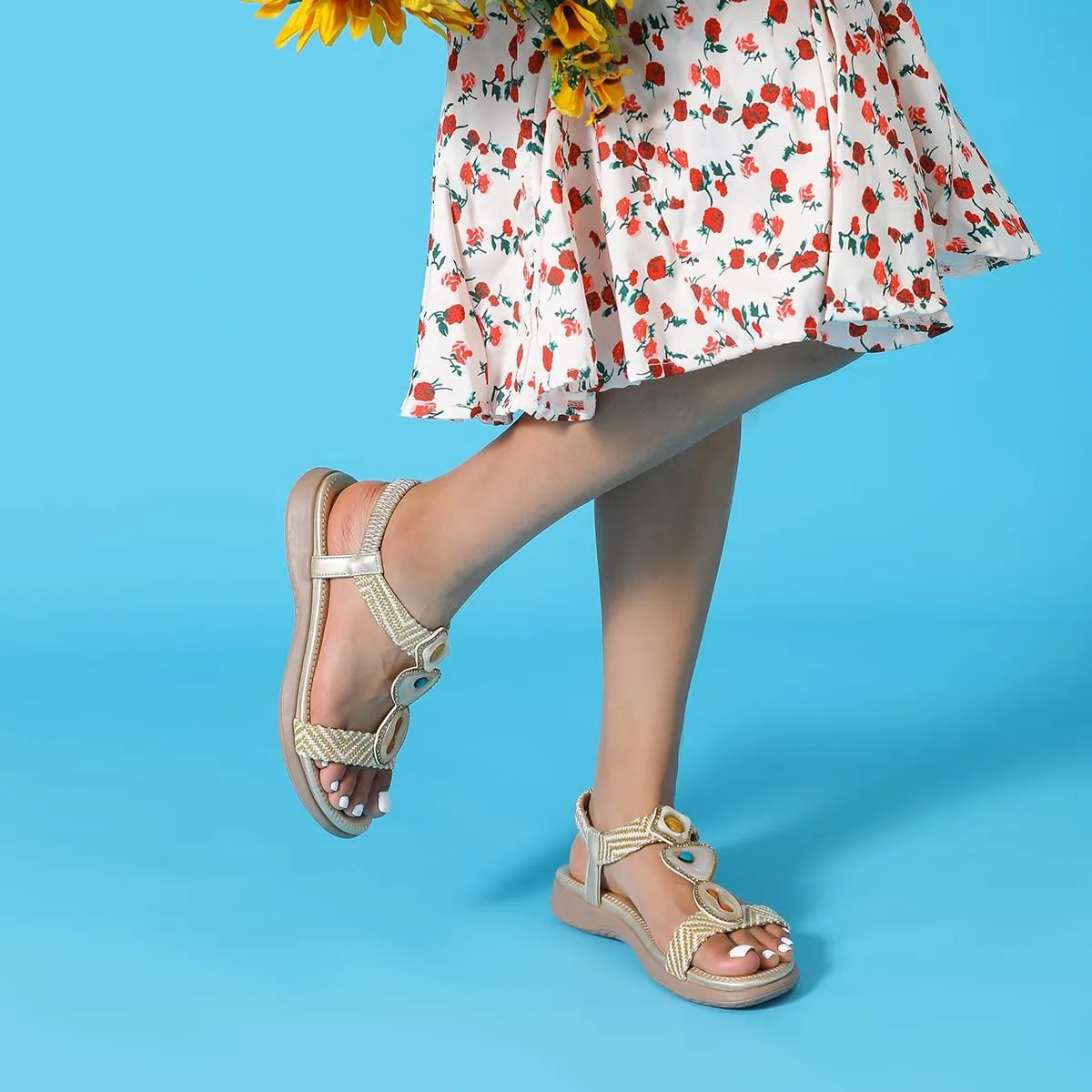 Women Flat Sandals wide-fit Arch Support Boho Braided Sandals Comfort Walking Beach Ankle Elastic Summer Shoes