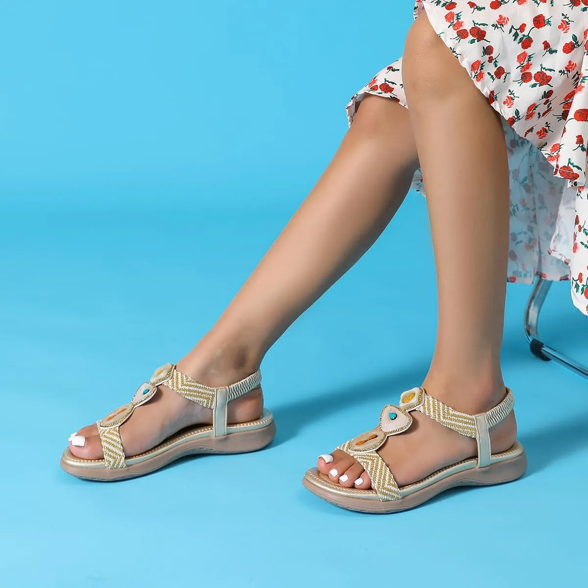 Women Flat Sandals wide-fit Arch Support Boho Braided Sandals Comfort Walking Beach Ankle Elastic Summer Shoes