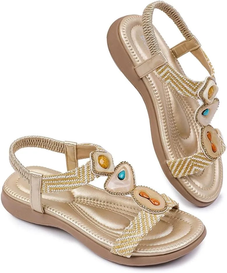 Women Flat Sandals wide-fit Arch Support Boho Braided Sandals Comfort Walking Beach Ankle Elastic Summer Shoes