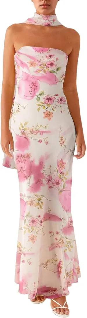 Women Floral Tube Maxi Dress with Scarf Y2K Strapless Bodycon Summer Party Long Dress Vacation Halter Dresses