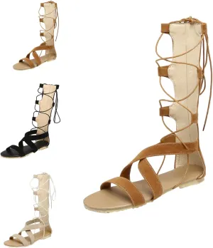 Women Gladiator Knee High Flat Strappy Sandal Lace Up Criss Cross Open Toe Roman Boots Shoe Summer Comfort Vacation Sandals