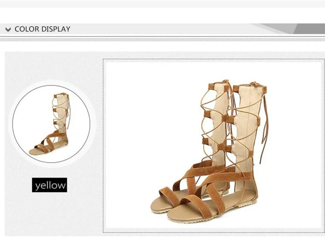 Women Gladiator Knee High Flat Strappy Sandal Lace Up Criss Cross Open Toe Roman Boots Shoe Summer Comfort Vacation Sandals