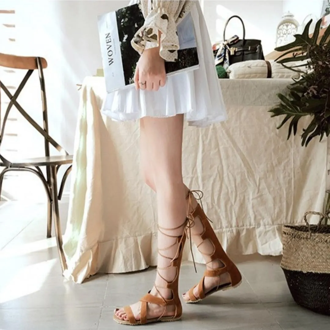 Women Gladiator Knee High Flat Strappy Sandal Lace Up Criss Cross Open Toe Roman Boots Shoe Summer Comfort Vacation Sandals