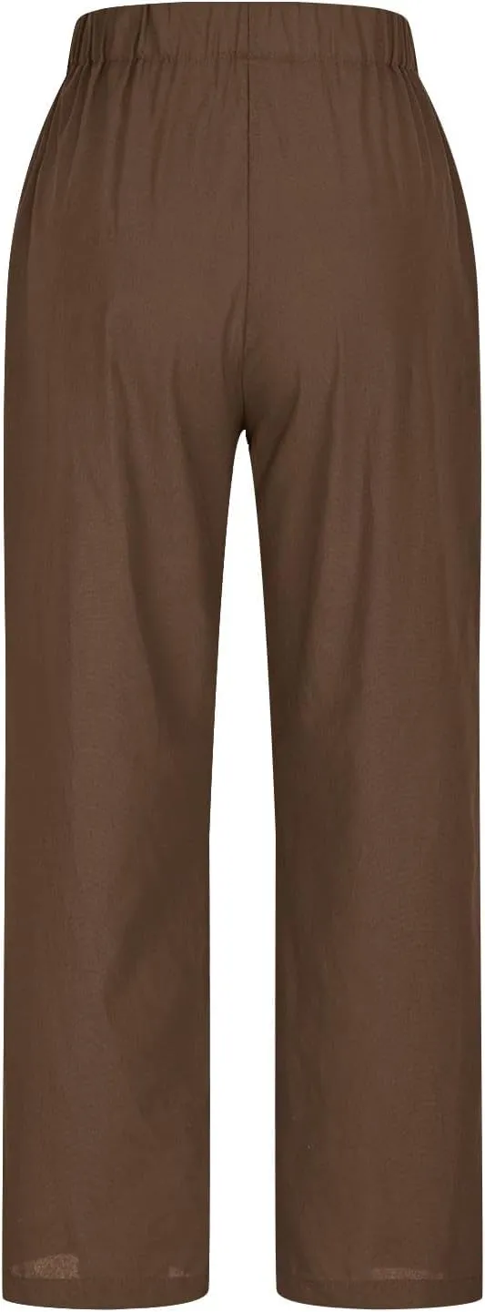 Women Linen Pants Casual Elastic Waisted Wide Leg Solid Color Button Split Side Summer Pants with Pockets