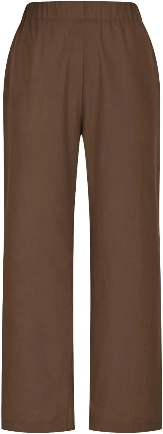Women Linen Pants Casual Elastic Waisted Wide Leg Solid Color Button Split Side Summer Pants with Pockets