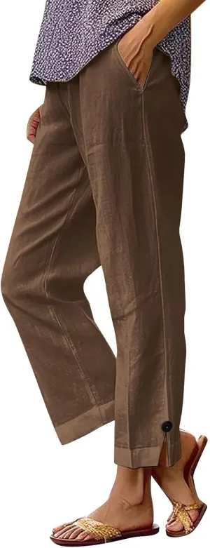 Women Linen Pants Casual Elastic Waisted Wide Leg Solid Color Button Split Side Summer Pants with Pockets
