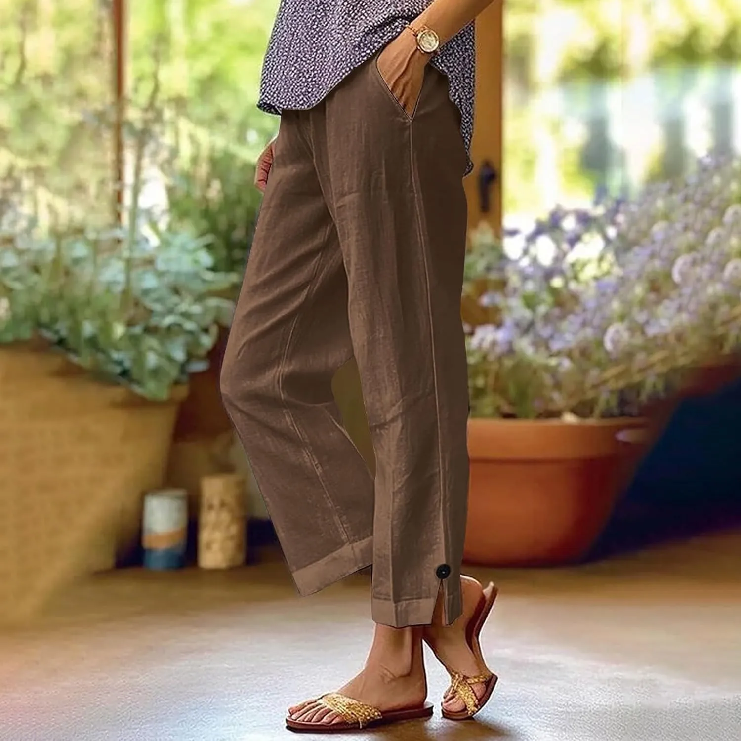 Women Linen Pants Casual Elastic Waisted Wide Leg Solid Color Button Split Side Summer Pants with Pockets