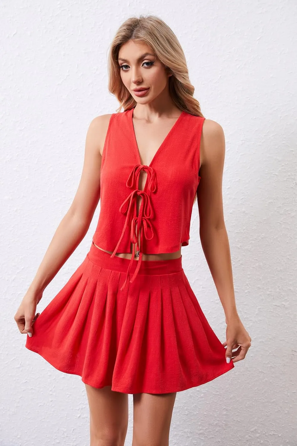 Women Sexy Summer Two Piece Linen Mini Skirt Set Sleeveless Lace Up V Neck Crop Tank Top Pleated Mini Skirt