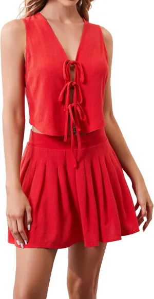 Women Sexy Summer Two Piece Linen Mini Skirt Set Sleeveless Lace Up V Neck Crop Tank Top Pleated Mini Skirt