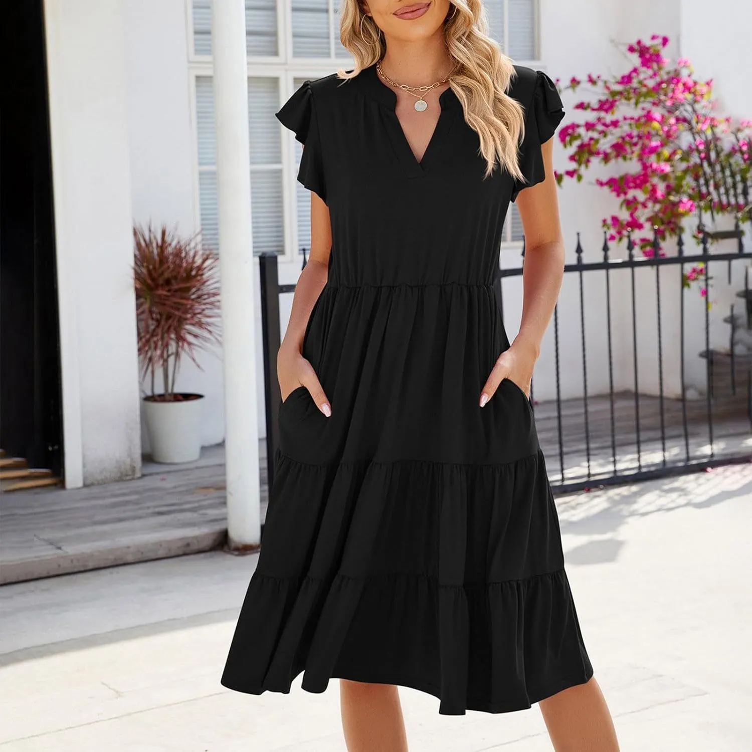 Women Short Sleeve Knee Length Sundress Solid Color A Line Vacation Dresses Casual Trendy Outfit with Pockets